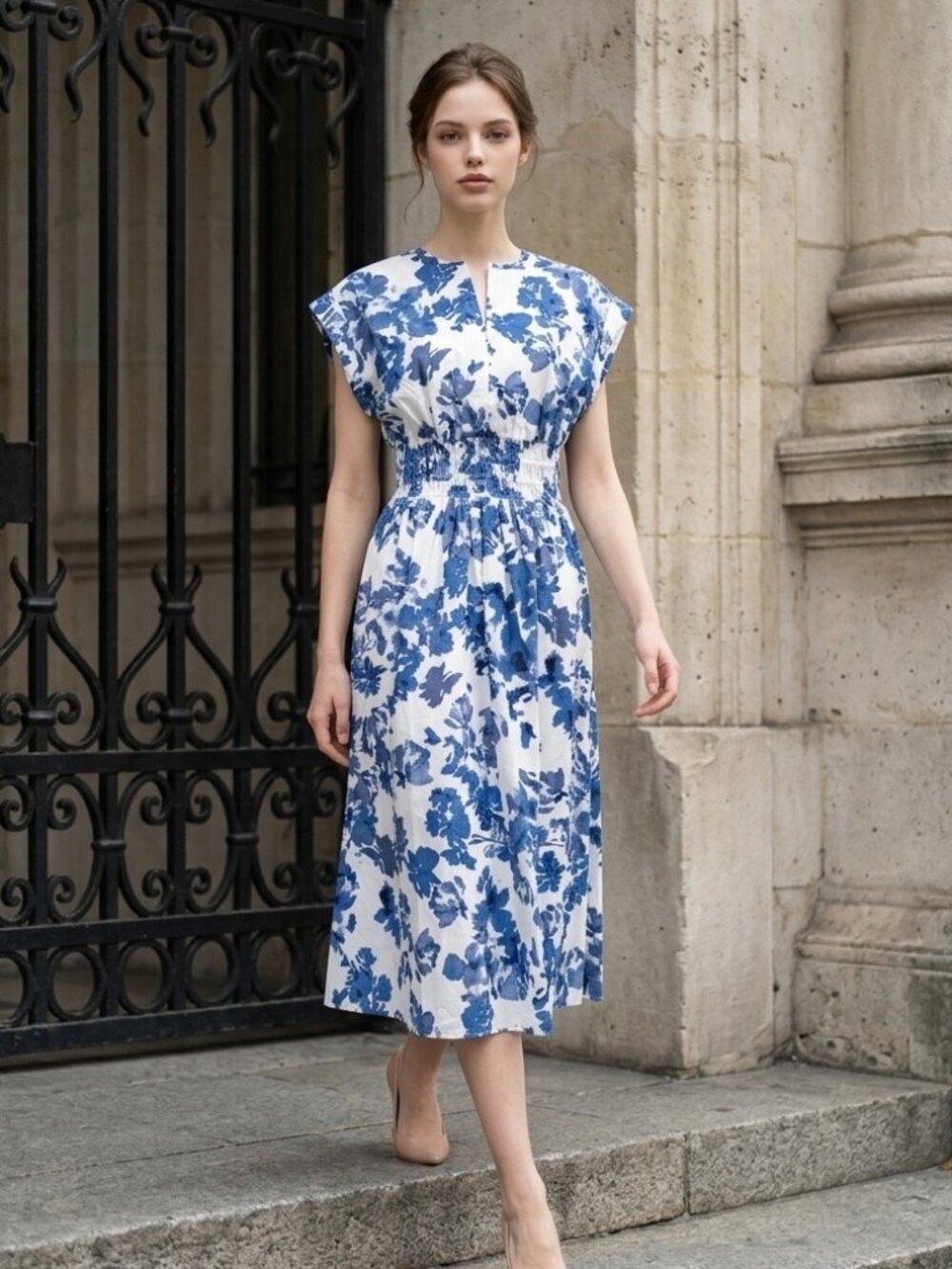 NWT Calvin Klein Blue Floral Cotton Smocked Midi Dress Size 2